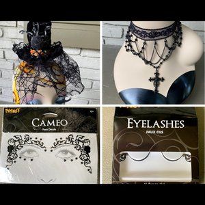 5 Piece Gothic Halloween Bundle Mini Hat Necklaces Crystal Face Decals Eyelashes